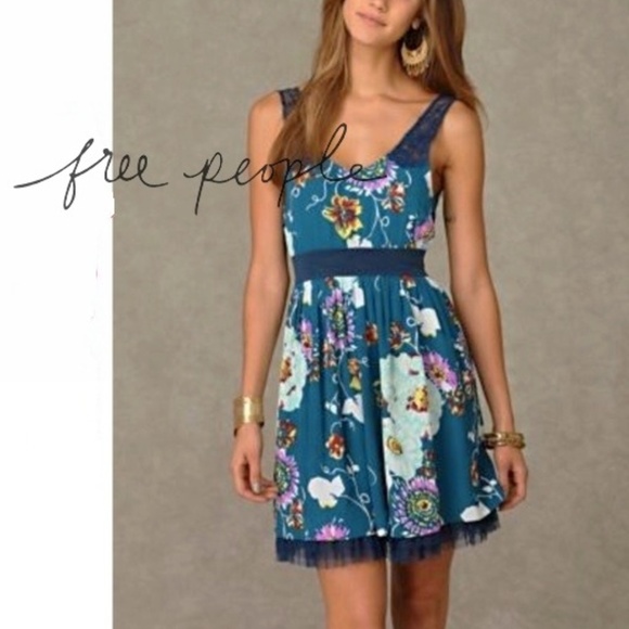 Free People Dresses & Skirts - Free People Teal Floral Lace Tulle Mini Dress Sz 0